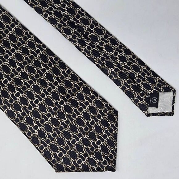 LEONARDO STRELLI TIE RACK SILK TIE BLACK GOLD BAROQUE CHAIN SATIN 3.5" X 55" - Picture 1 of 2